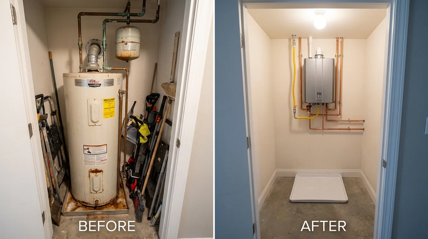 Tank water heater versus wall-mounted tankless unit comparison for Stuart, VA homeowners