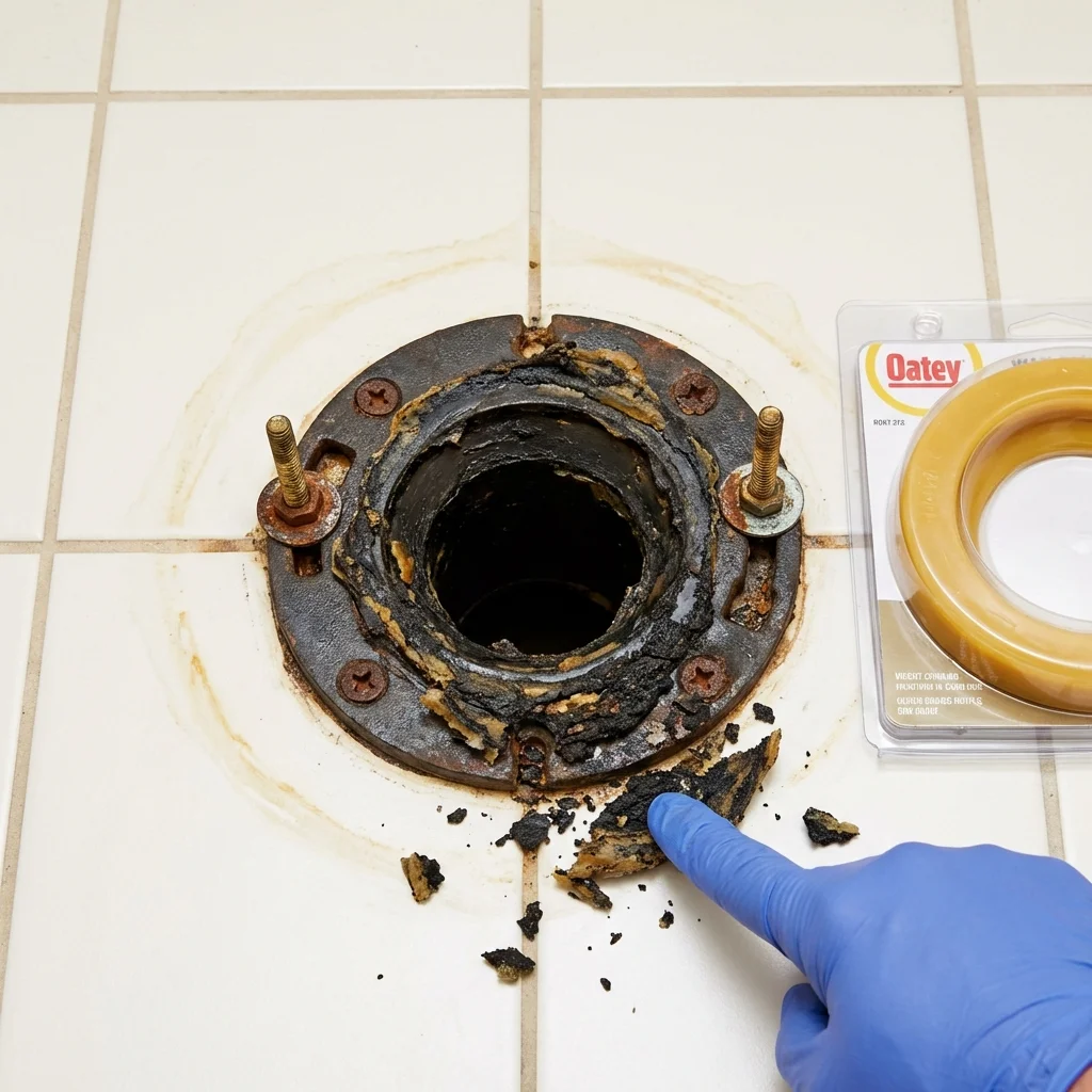 Failed wax ring showing water seepage at the base of a toilet in a Stuart, VA home