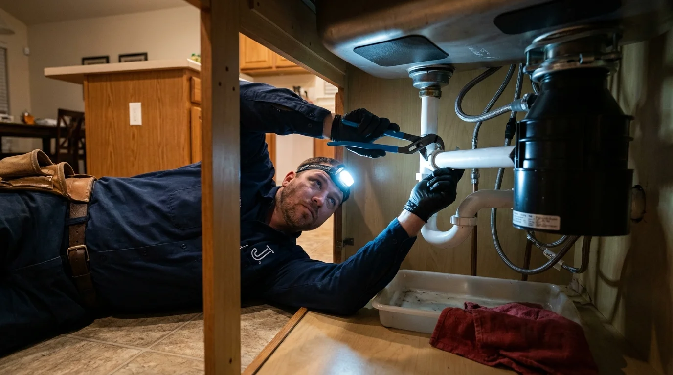P-trap and supply line connections under a kitchen sink showing a common leak point in Stuart, VA